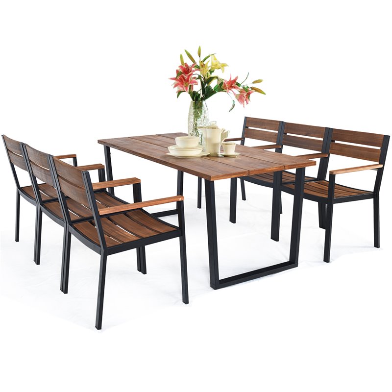 Costway 7-piece Acacia Wood Patio Dining Set with Umbrella Hole in Brown