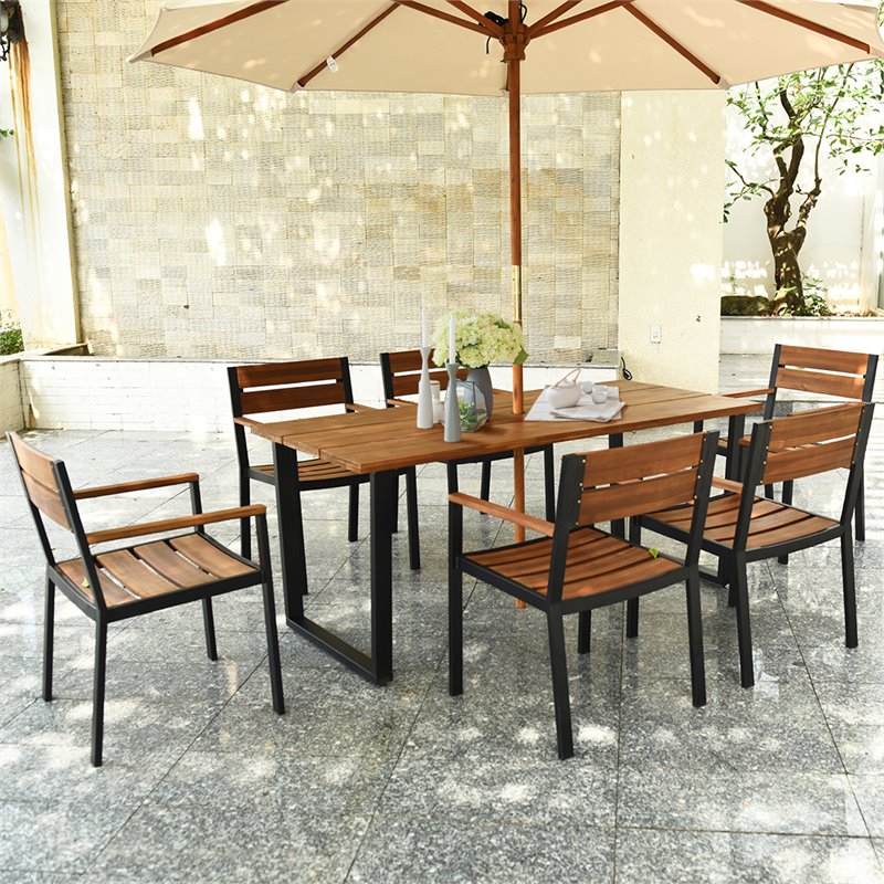 Costway 7-piece Acacia Wood Patio Dining Set with Umbrella Hole in Brown