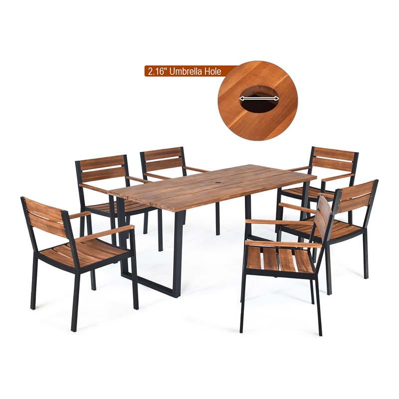Costway 7-piece Acacia Wood Patio Dining Set with Umbrella Hole in Brown