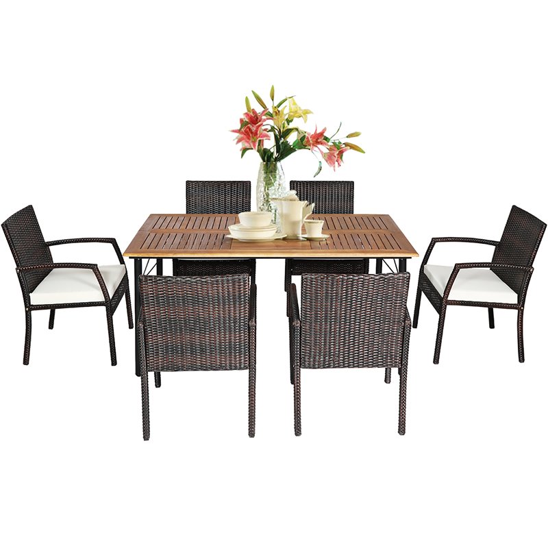 Costway 7-piece Rattan and Steel Patio Dining Set with Umbrella Hole in Brown