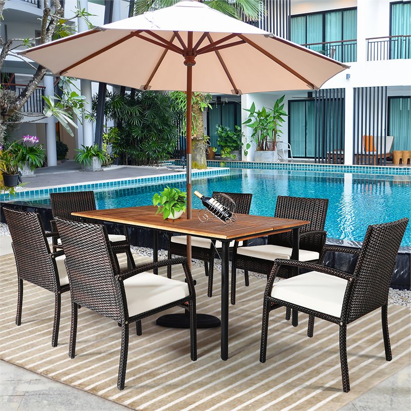 Costway 7-piece Rattan and Steel Patio Dining Set with Umbrella Hole in Brown