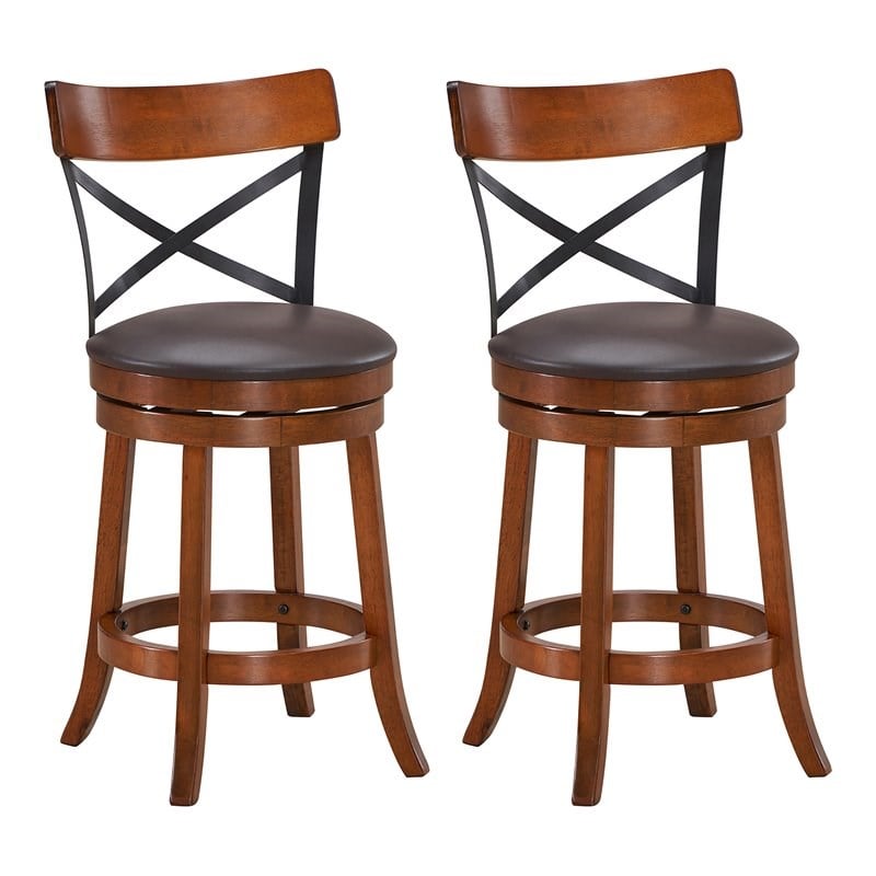 Costway 25'' Metal Swivel Bar Stools with Rubber Wood Legs in Brown (Set of 2)