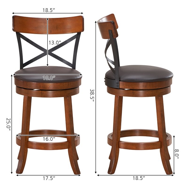 Costway 25'' Metal Swivel Bar Stools with Rubber Wood Legs in Brown (Set of 2)