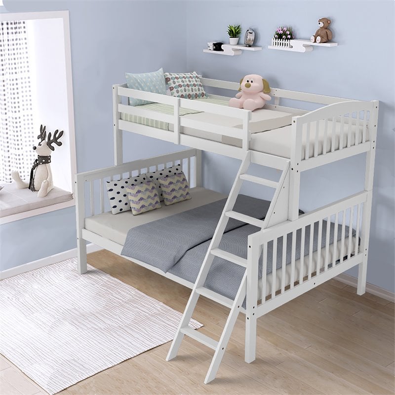 Costway Rubber Wood Twin over Full Bunk Bed with Ladder Guardrail in White