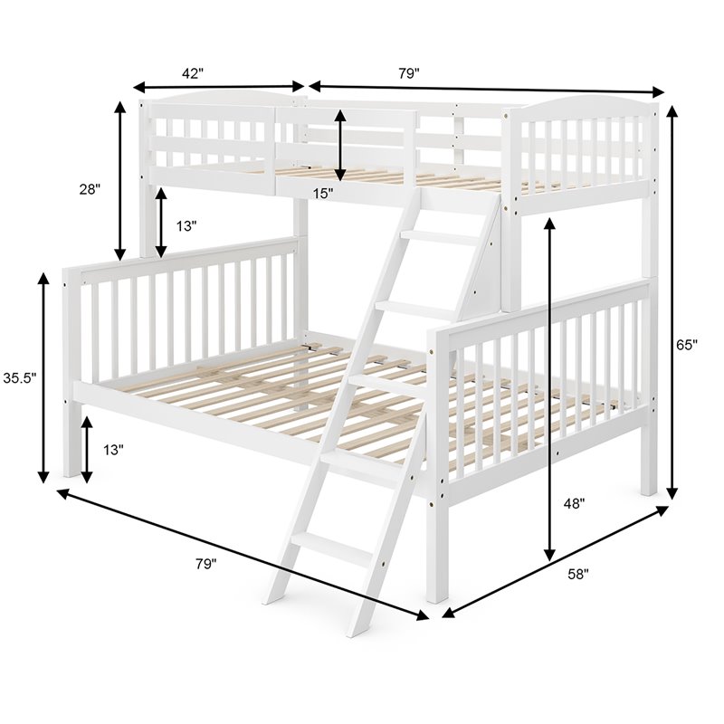 Costway Rubber Wood Twin over Full Bunk Bed with Ladder Guardrail in White
