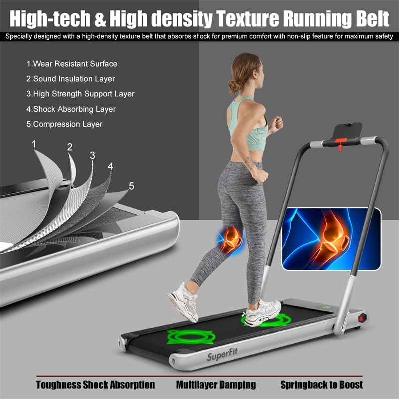 SuperFit 2.25HP 2-in-1 Folding Treadmill W/Speaker Controller APP Silver Plastic