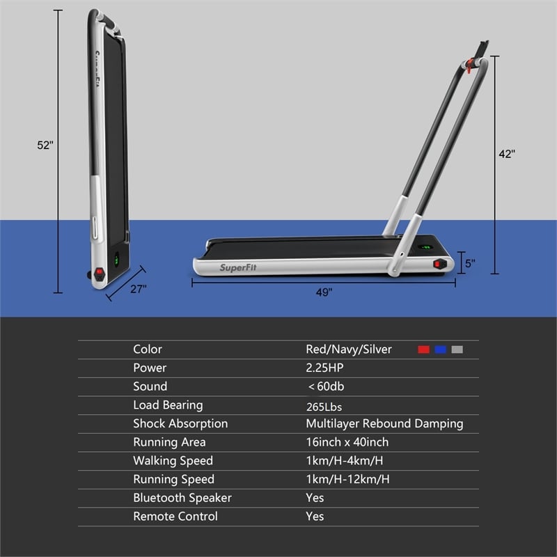 SuperFit 2.25HP 2-in-1 Folding Treadmill W/Speaker Controller APP Silver Plastic