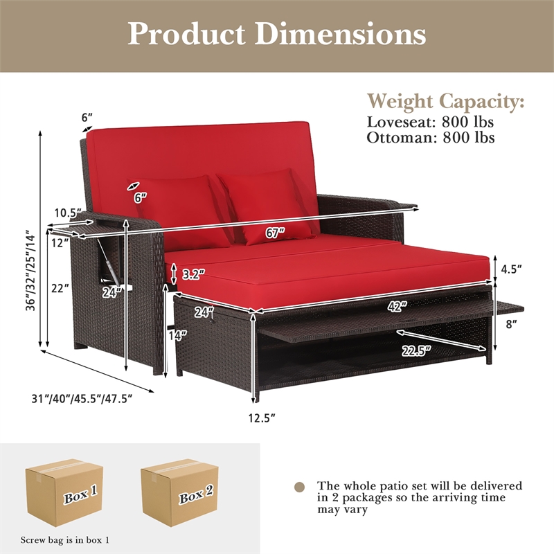Costway Patio Rattan Daybed Lounge Red