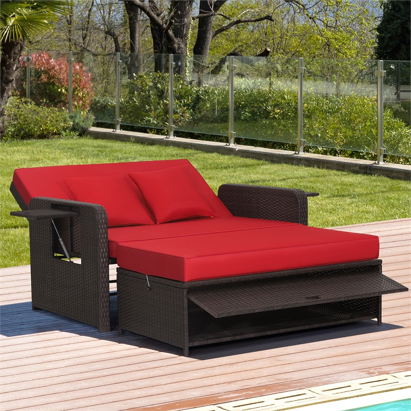 Costway Patio Rattan Daybed Lounge Red