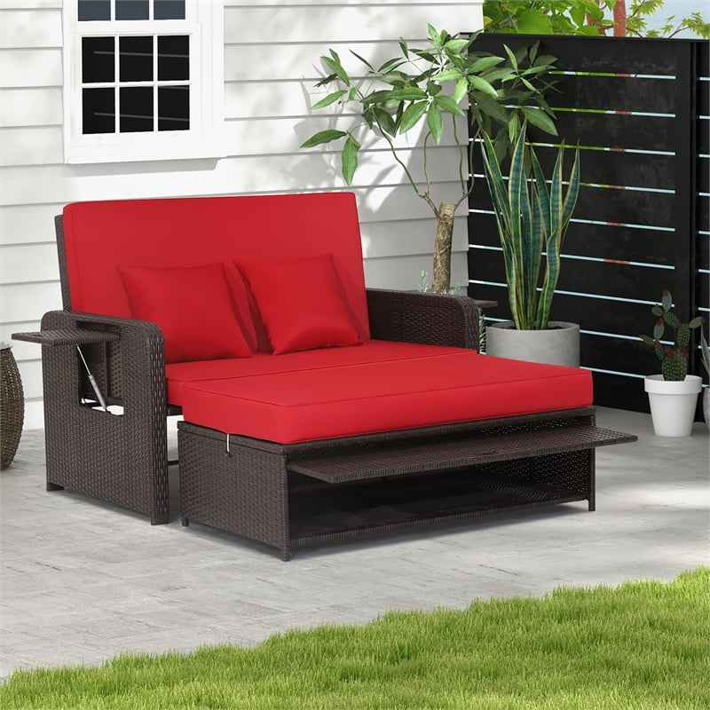 Costway Patio Rattan Daybed Lounge Red