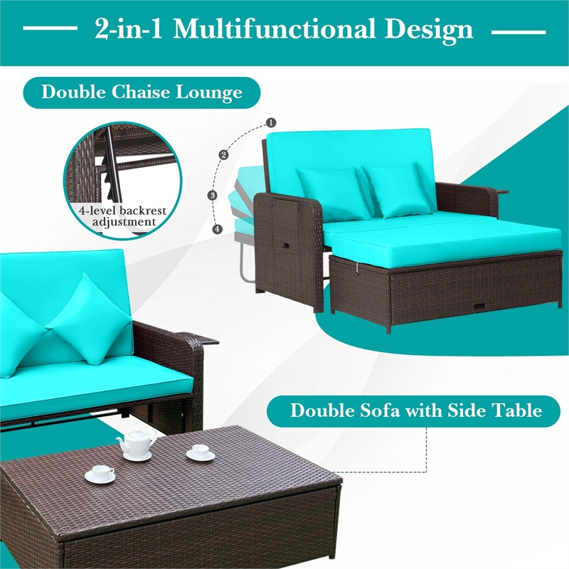 Costway Patio Rattan Daybed Lounge Turquoise