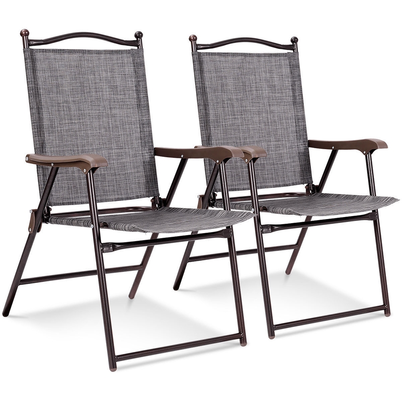 Costway Set of 2 Patio Steel Folding Sling Back Chairs Gray
