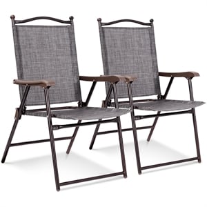 Costway Set of 2 Patio Steel Folding Sling Back Chairs Gray