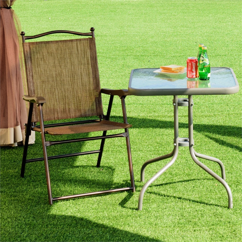 Costway Set of 2 Patio Steel Folding Sling Back Chairs Brown