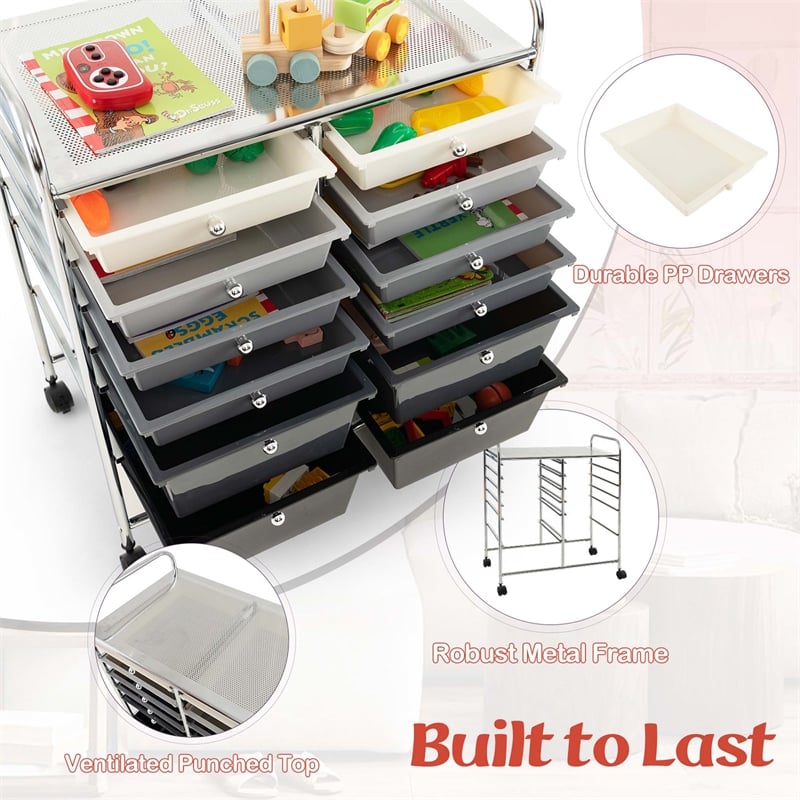 Costway Plastic 12 Drawers Rolling Cart Mutlicolor Studio Organizer Bins  Gray