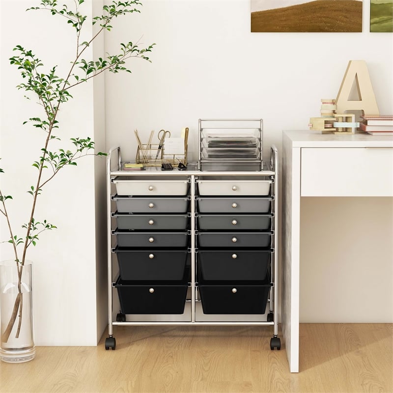 Costway Plastic 12 Drawers Rolling Cart Mutlicolor Studio Organizer Bins  Gray