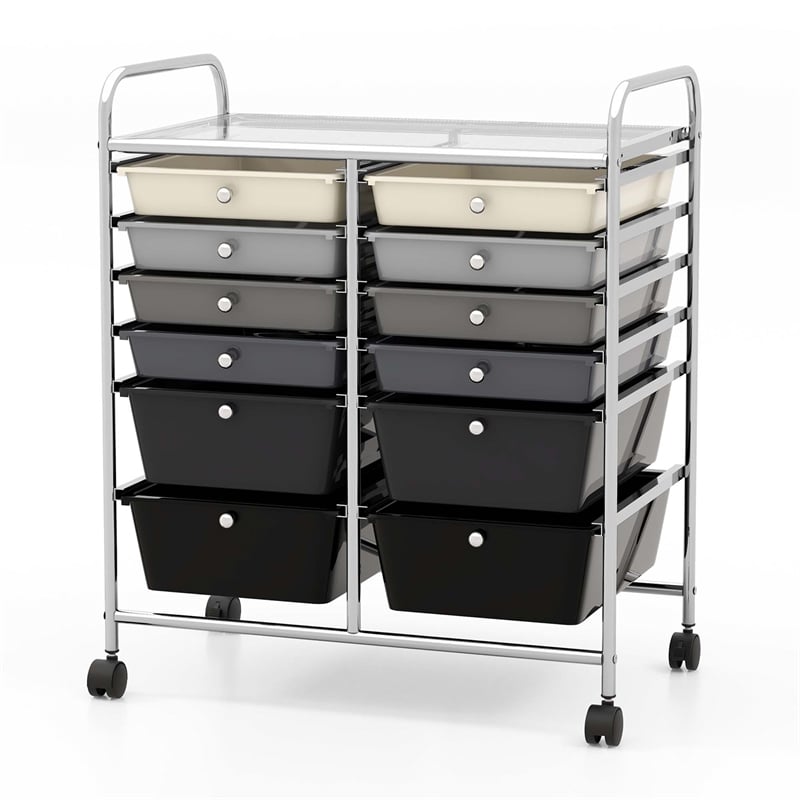 Costway Plastic 12 Drawers Rolling Cart Mutlicolor Studio Organizer Bins  Gray