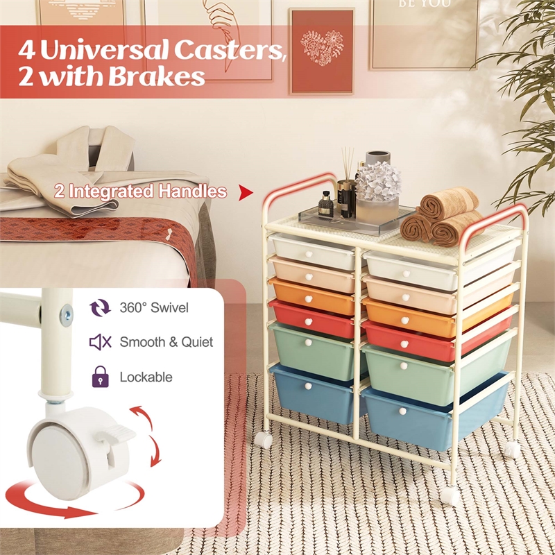 Costway Plastic 12 Drawers Rolling Cart Mutlicolor Organizer Bins  Macaron