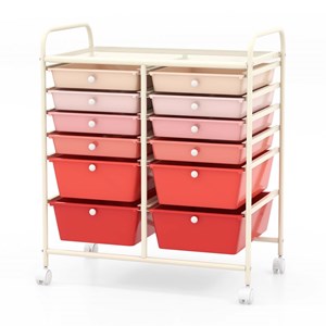 Costway Plastic 12 Drawers Rolling Cart Mutlicolor Studio Organizer Bins  Pink