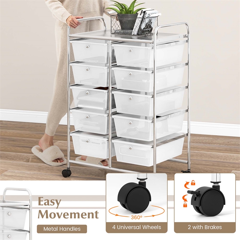 Costway 10-Drawer Storage Cart Utility Rolling Trolley Clear