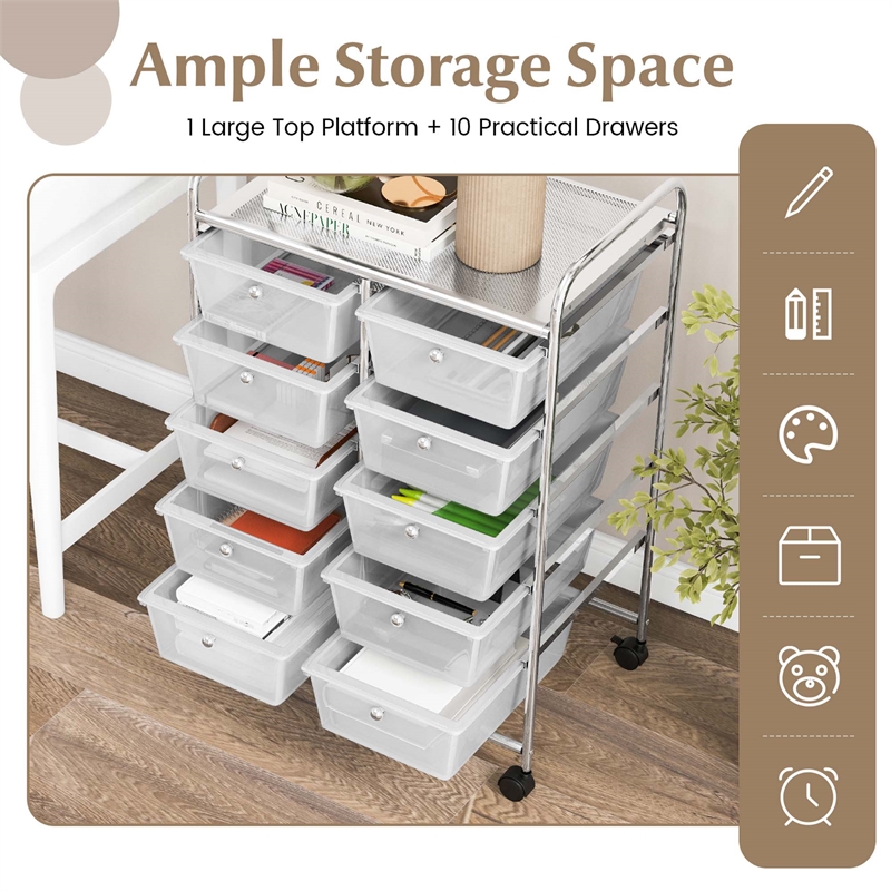 Costway 10-Drawer Storage Cart Utility Rolling Trolley Clear