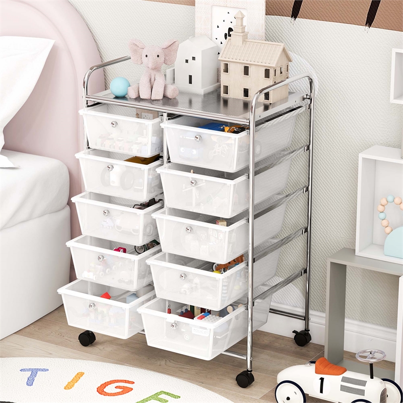 Costway 10-Drawer Storage Cart Utility Rolling Trolley Clear
