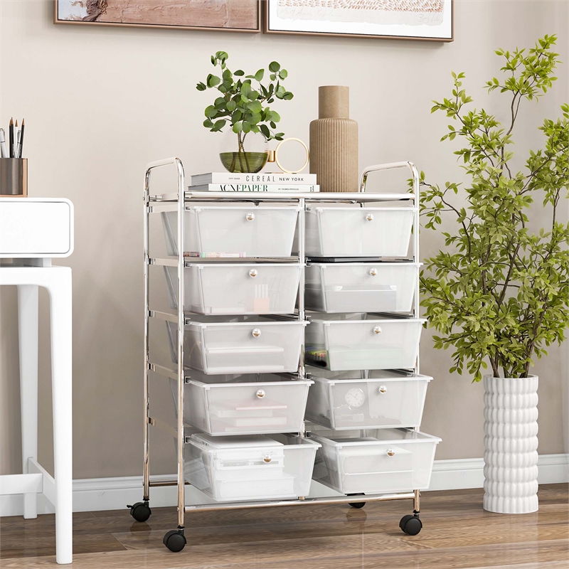 Costway 10-Drawer Storage Cart Utility Rolling Trolley Clear