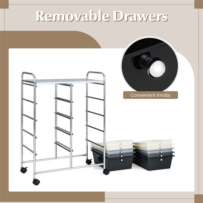 Costway 10-Drawer Storage Cart Utility Rolling Trolley Gray