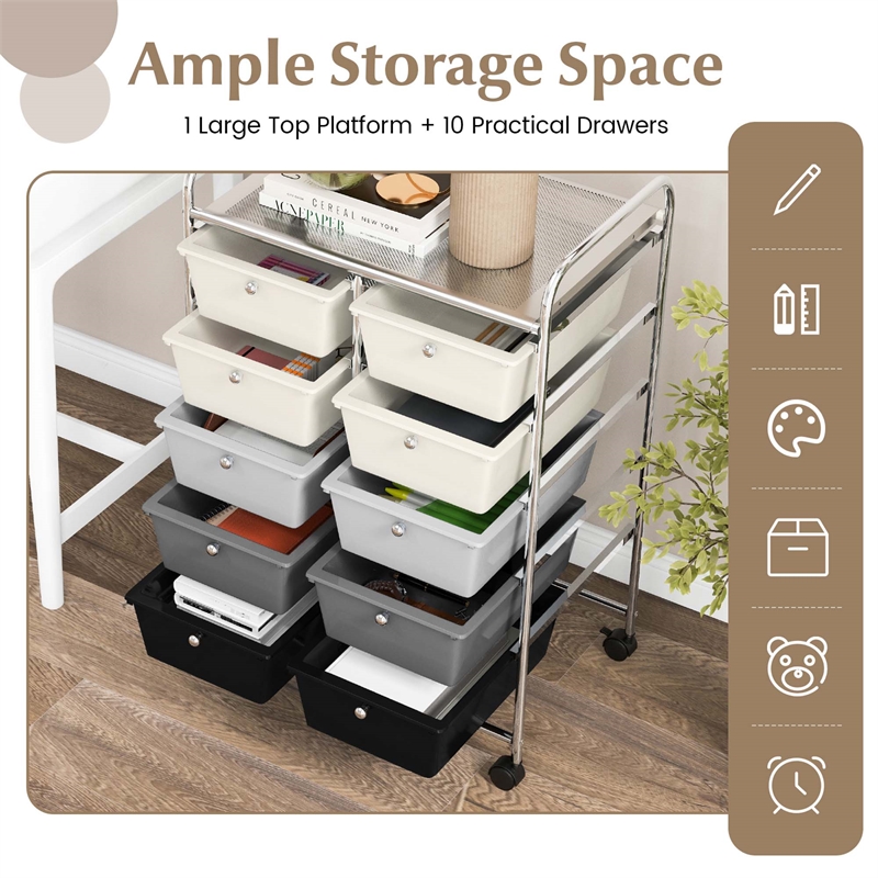 Costway 10-Drawer Storage Cart Utility Rolling Trolley Gray