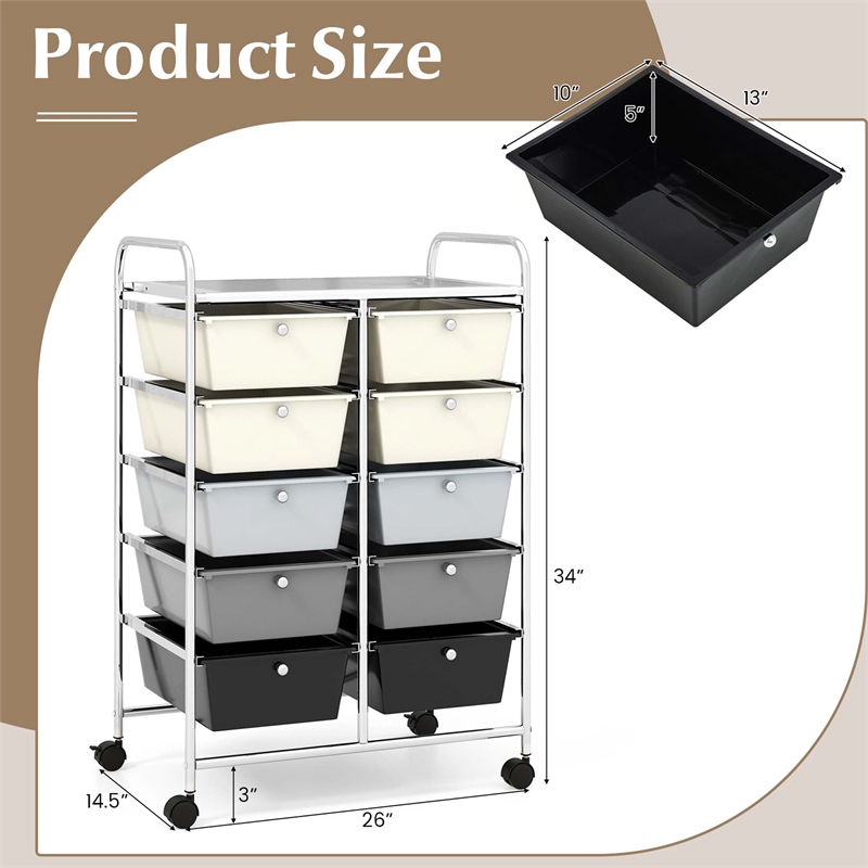Costway 10-Drawer Storage Cart Utility Rolling Trolley Gray