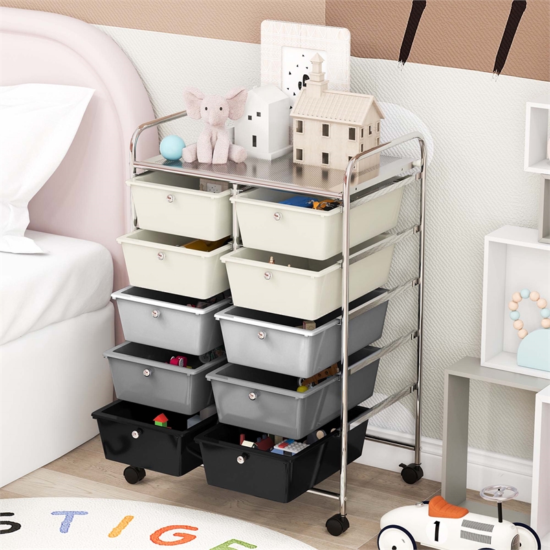 Costway 10-Drawer Storage Cart Utility Rolling Trolley Gray