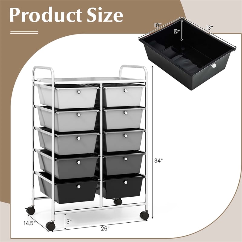 Costway 10-Drawer Storage Cart Utility Rolling Trolley Black