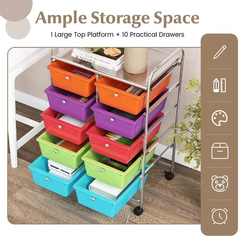 Costway 10-Drawer Plastic Storage Cart Utility Rolling Trolley Multicolor