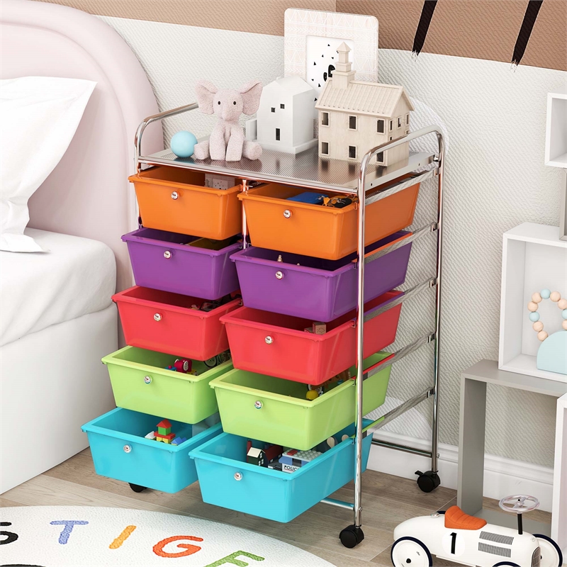 Costway 10-Drawer Plastic Storage Cart Utility Rolling Trolley Multicolor
