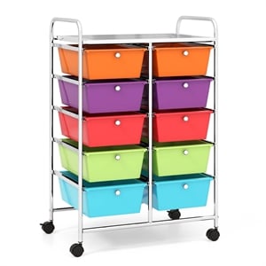 Costway 10-Drawer Plastic Storage Cart Utility Rolling Trolley Multicolor