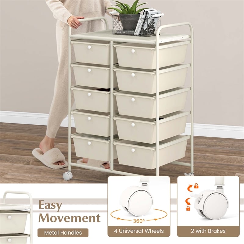 Costway 10-Drawer Storage Cart Utility Rolling Trolley White