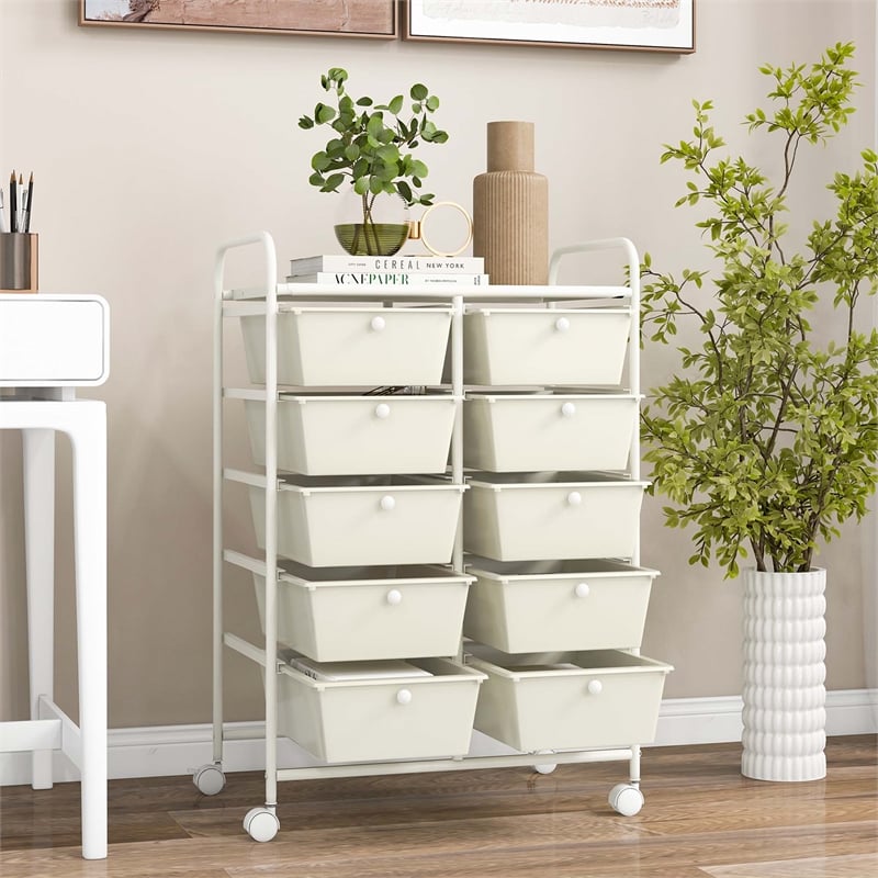 Costway 10-Drawer Storage Cart Utility Rolling Trolley White