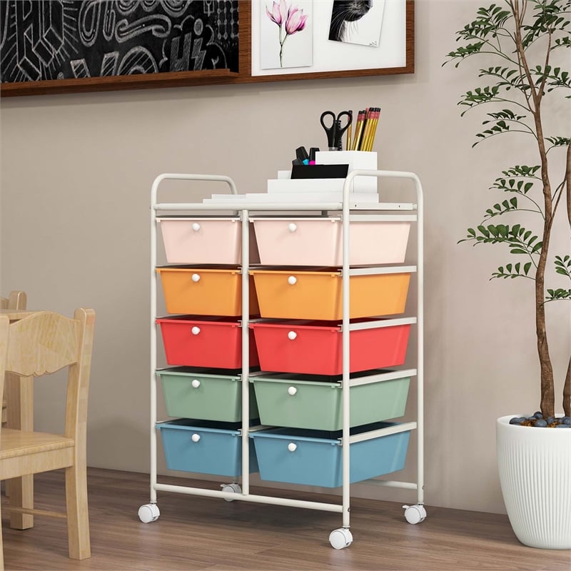 Costway 10-Drawer Plastic Storage Cart Utility Rolling Trolley Macaron