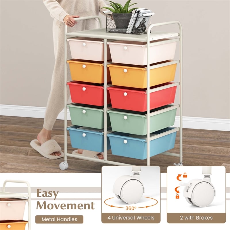 Costway 10-Drawer Plastic Storage Cart Utility Rolling Trolley Macaron