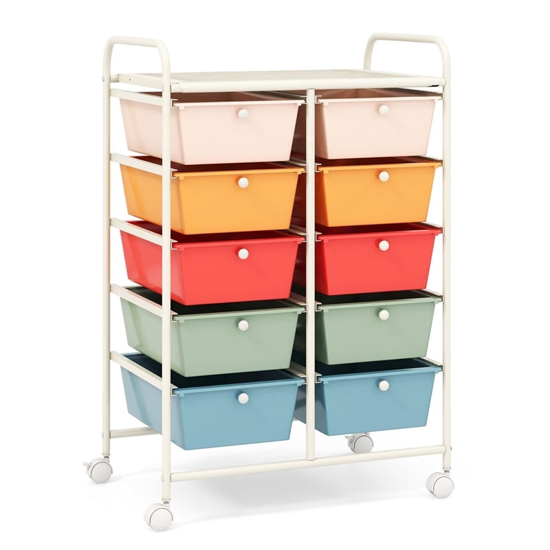 Costway 10-Drawer Plastic Storage Cart Utility Rolling Trolley Macaron