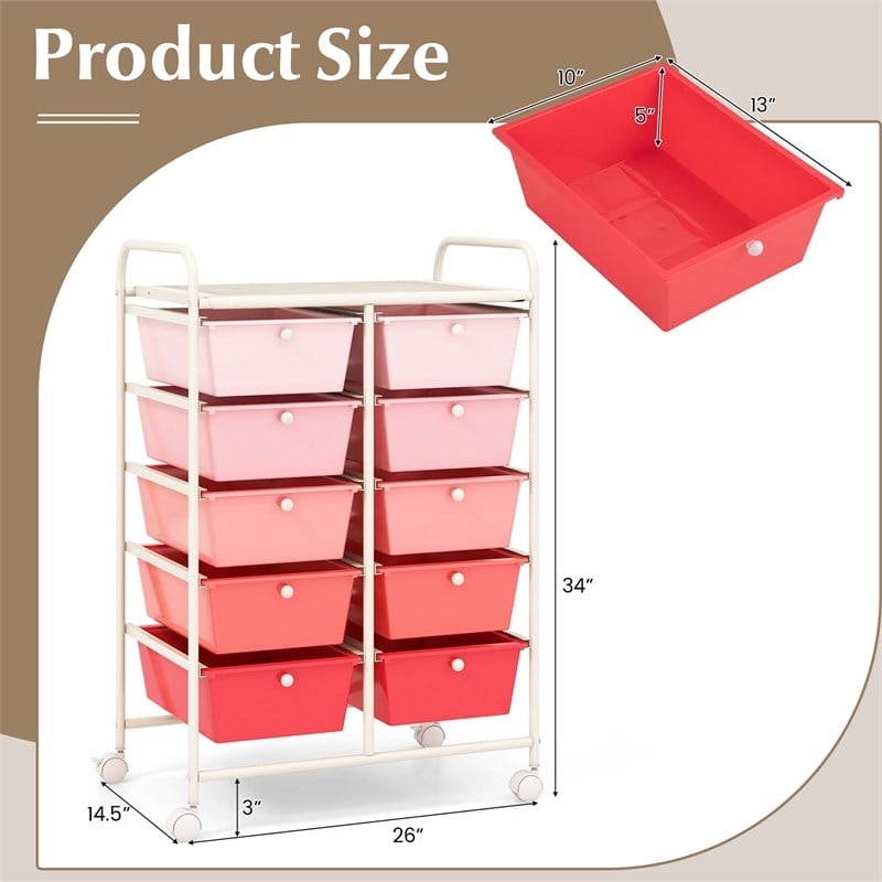Costway 10-Drawer Storage Cart Utility Rolling Trolley Pink