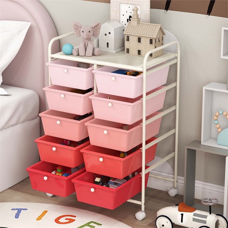 Costway 10-Drawer Storage Cart Utility Rolling Trolley Pink