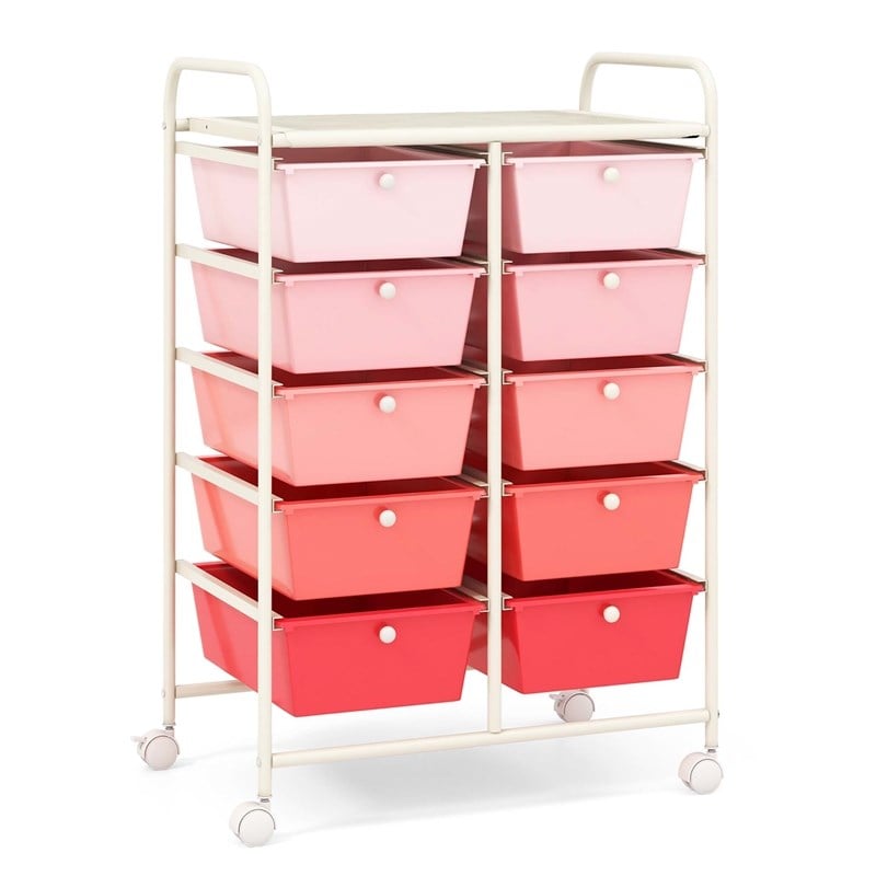 Costway 10-Drawer Storage Cart Utility Rolling Trolley Pink