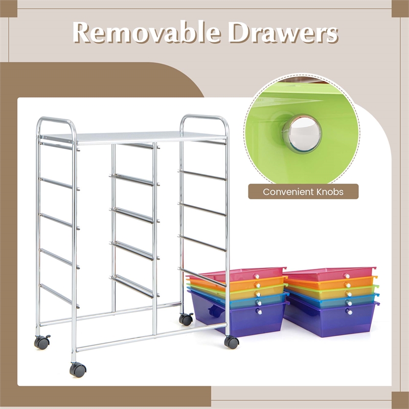 Costway 10-Drawer Plastic Storage Cart Utility Rolling Trolley Rainbow