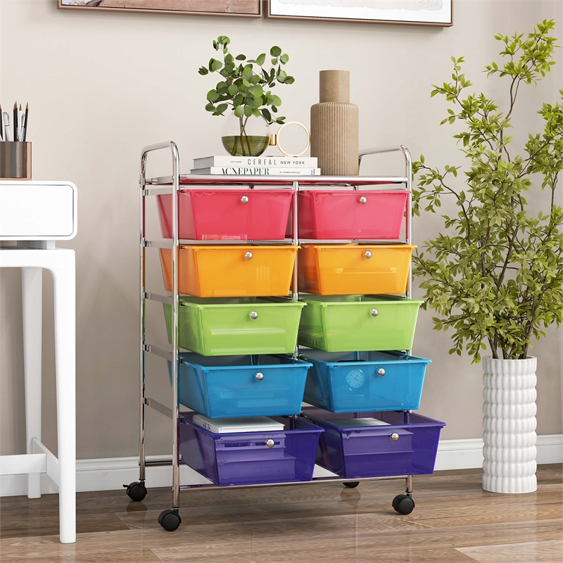 Costway 10-Drawer Plastic Storage Cart Utility Rolling Trolley Rainbow