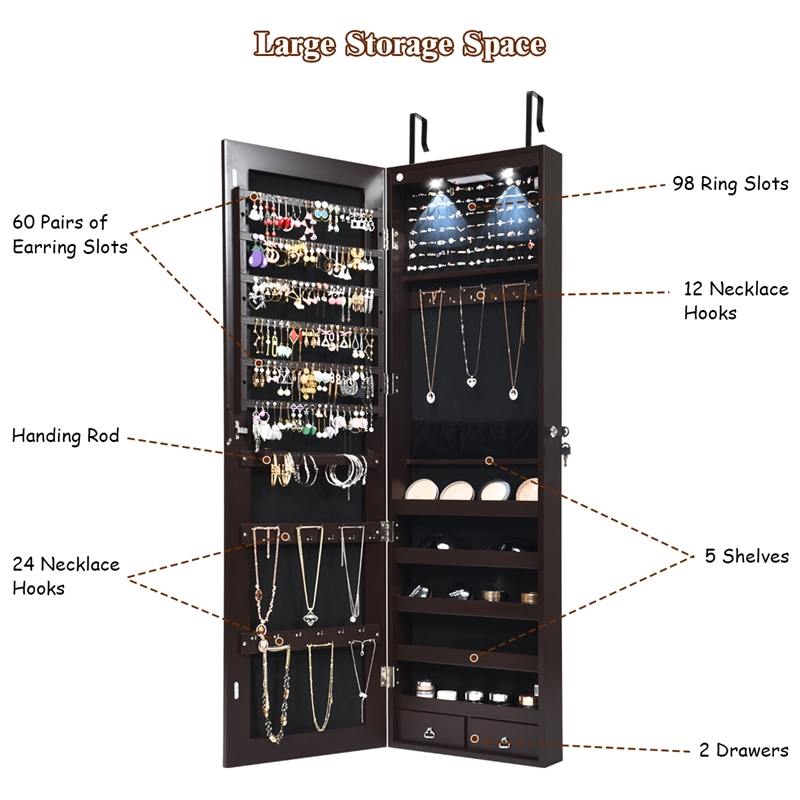 Costway Mirrored Jewelry Cabinet Jewelry Armoire w/2 LED Lights Brown