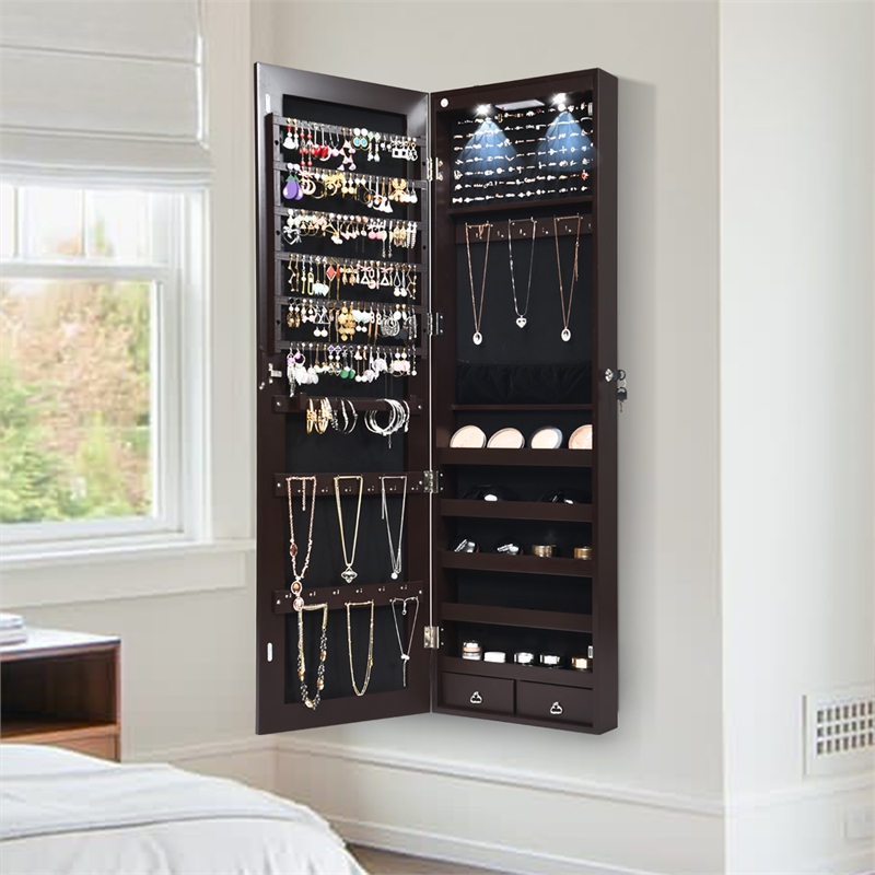 Costway Mirrored Jewelry Cabinet Jewelry Armoire w/2 LED Lights Brown