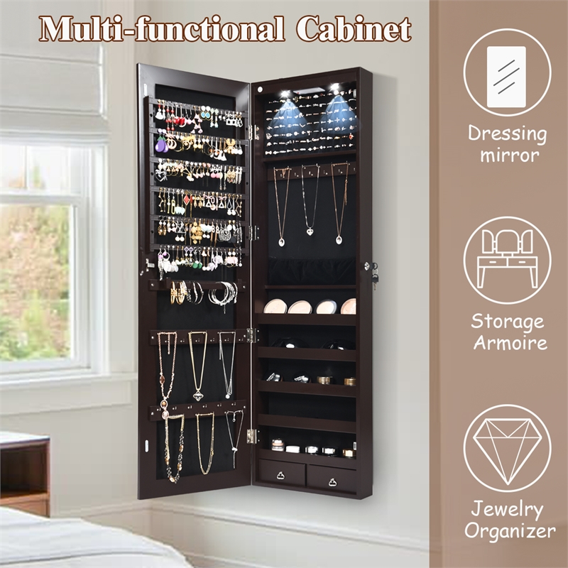 Costway Mirrored Jewelry Cabinet Jewelry Armoire w/2 LED Lights Brown