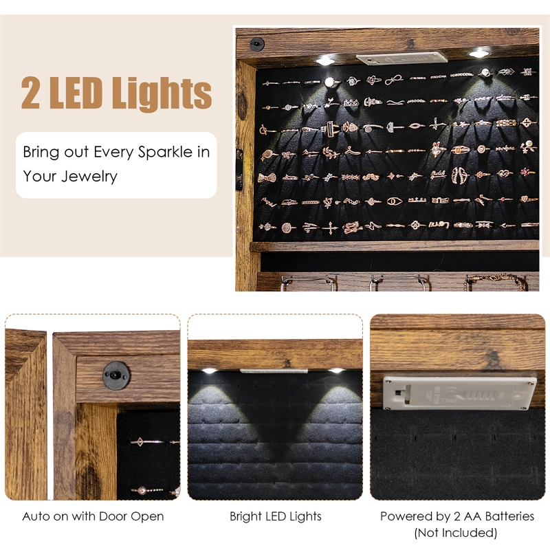 Costway Mirrored Jewelry Cabinet Jewelry Armoire w/2 LED Lights Rustic Brown