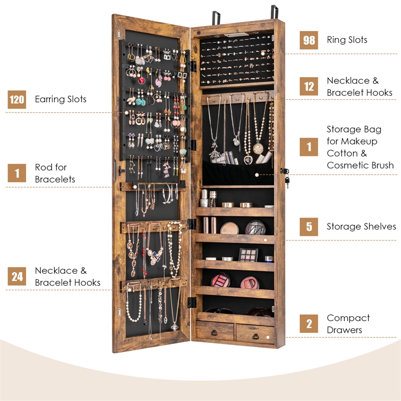 Costway Mirrored Jewelry Cabinet Jewelry Armoire w/2 LED Lights Rustic Brown